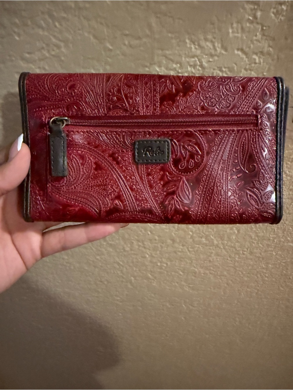 Relic Red Embossed Paisley Zip Wallet with Brown Trim